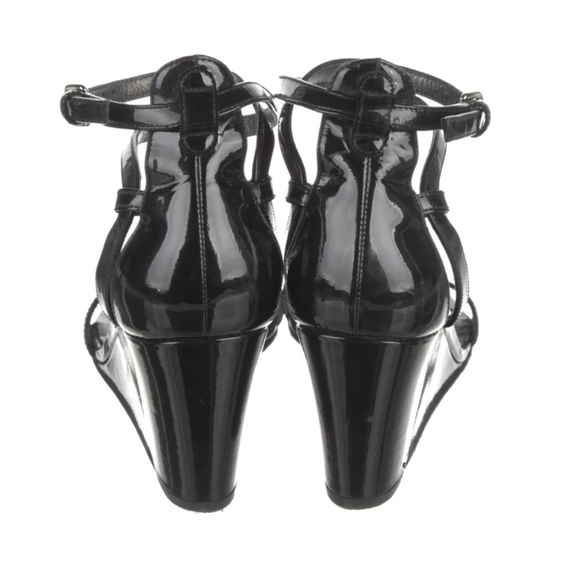 Stuart Weitzman Black Patent Open Toe Strappy Sandals Wedge size 7 - Picture 5 of 10